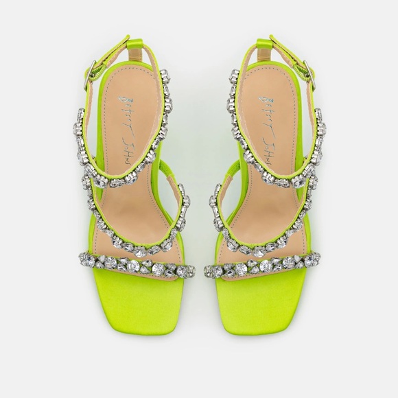 Betsey Johnson SB-Perry Citron Rhinestone Lime Green Buckle Strap Flare Heels - Picture 7 of 10